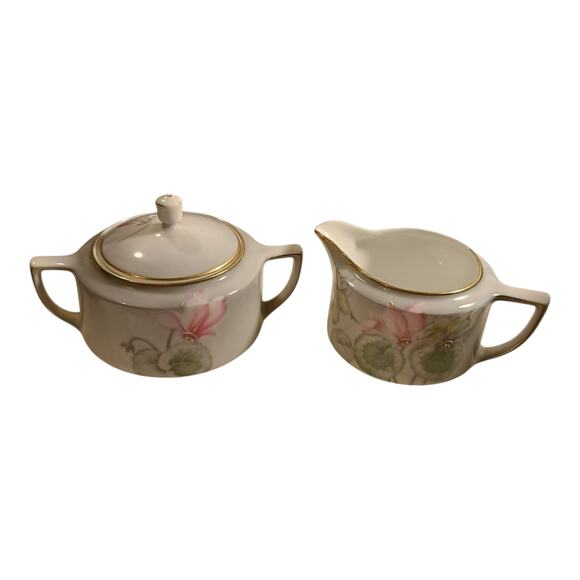Tirschenreuth PT Gray Pink Flowers Creamer And Sugar Dish Gold Trim Hand Painted - Picture 2 of 12